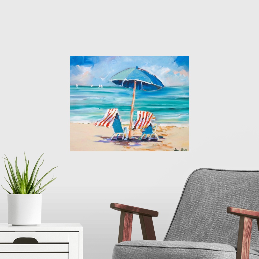 A modern room featuring Painting of two beach chairs and umbrella at the water's edge.  There are sail boats in the dista...