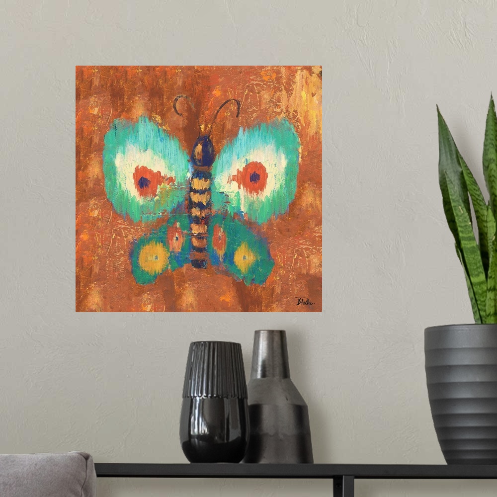 A modern room featuring Vivid painting of a butterfly with spotted wings on an orange background.