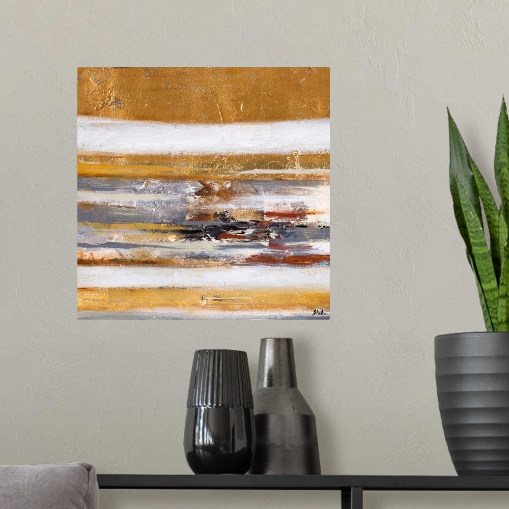 A modern room featuring Abstract artwork with golden textured layers.