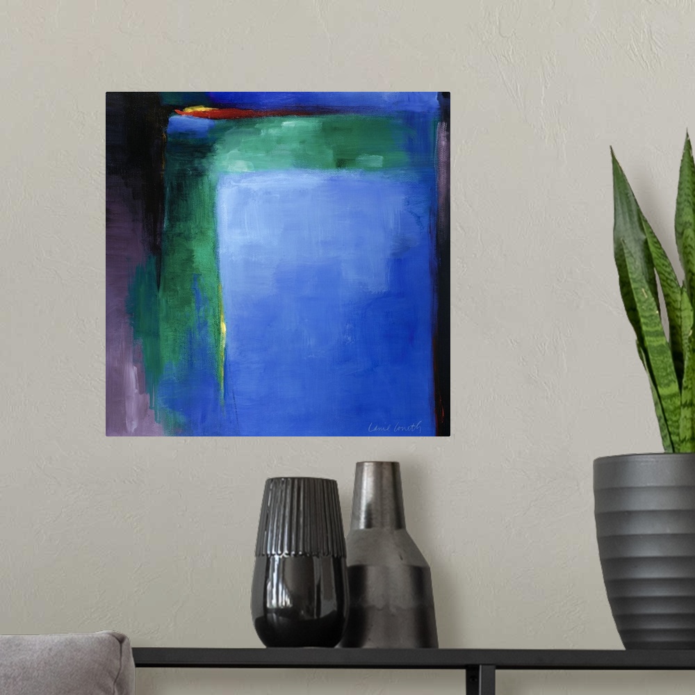 A modern room featuring Square abstract painting by Lanie Loreth featuring large swatches of bold, cool colors.