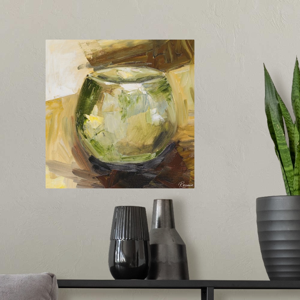A modern room featuring Contemporary artwork of a small green vase.