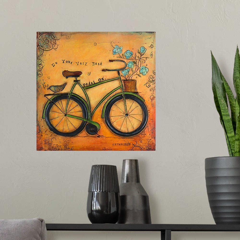 A modern room featuring Inspirational sentiment over a painting of a bicycle with flowers in the front basket.