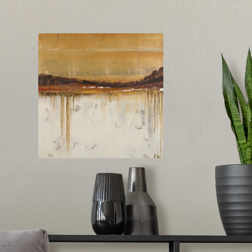 A modern room featuring This is an abstract painting that uses earth tones to create layers of color and textures in this...