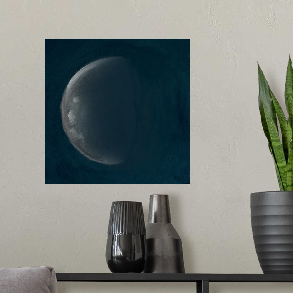 A modern room featuring Square painting of the fourth phase of the moon on a deep blue background.