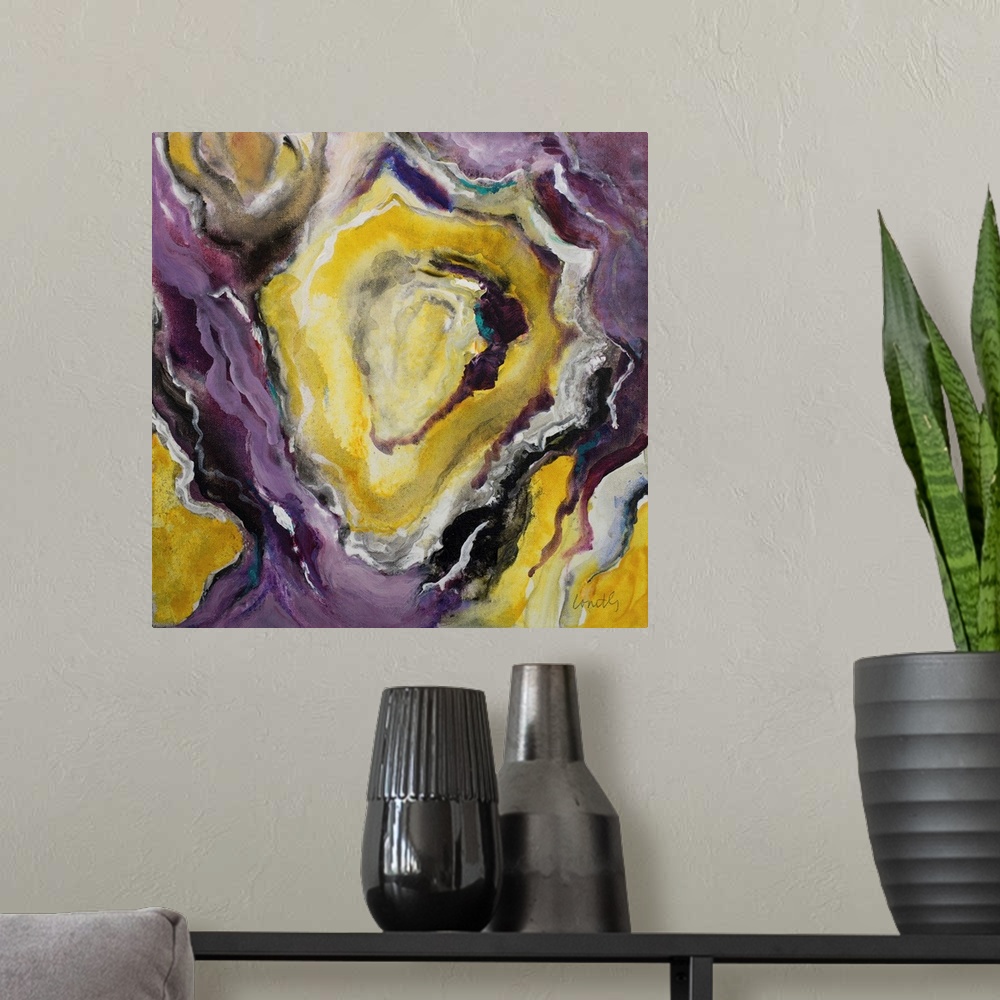 A modern room featuring Square abstract painting of quartz showing the purple, gold, white, and black agate.
