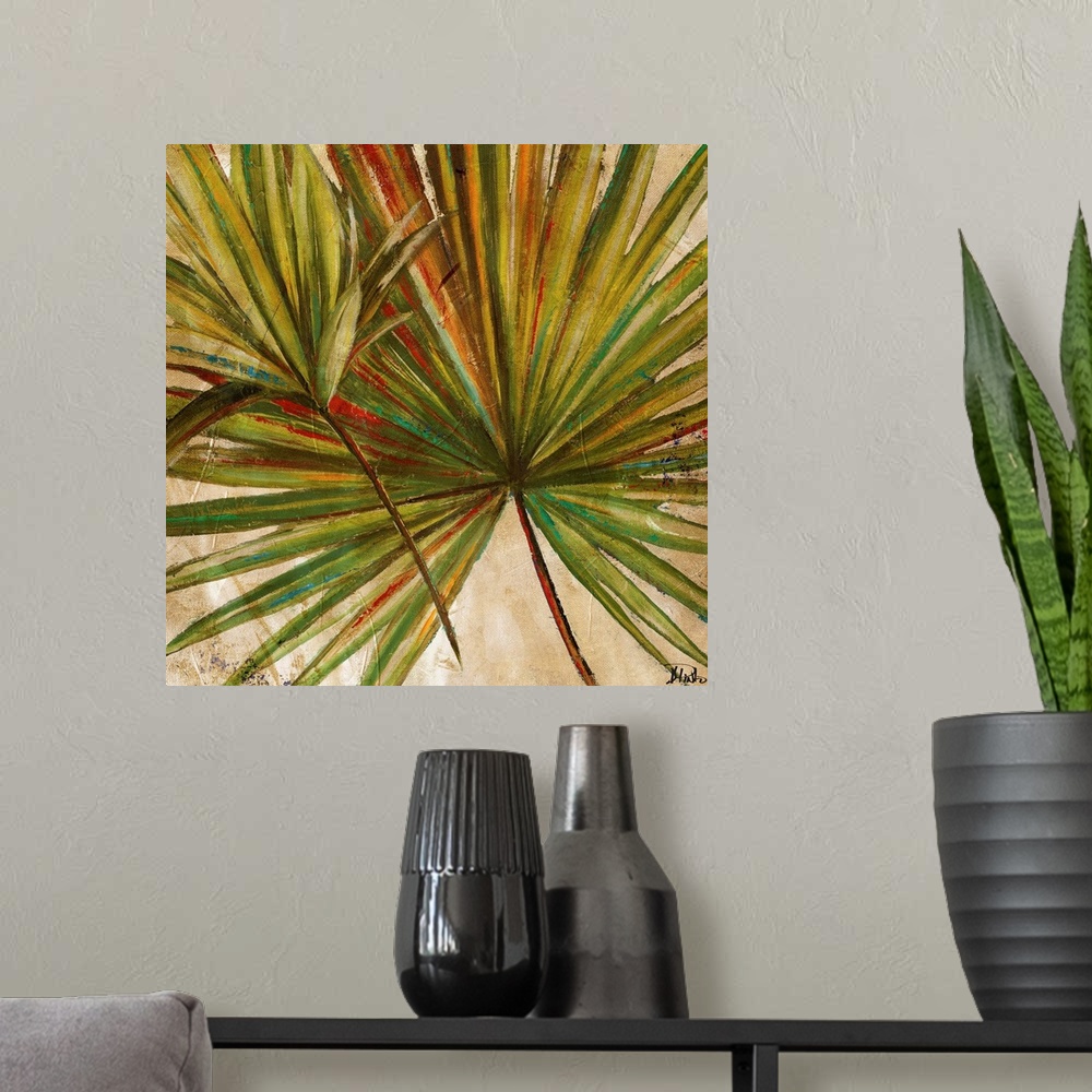 A modern room featuring Painting of a vibrant green palm frond against a beige background.