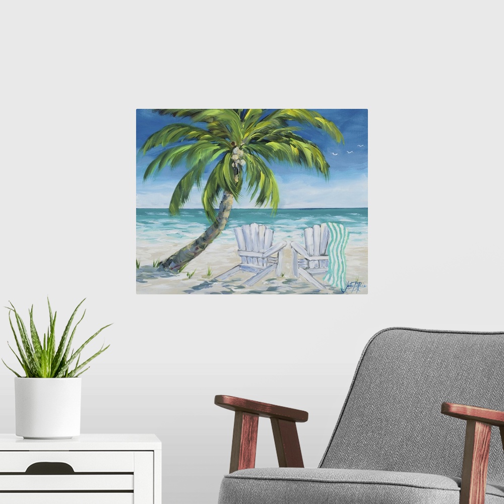 A modern room featuring Contemporary painting of a relaxing beach scene with two beach chairs under the shade of a palm t...