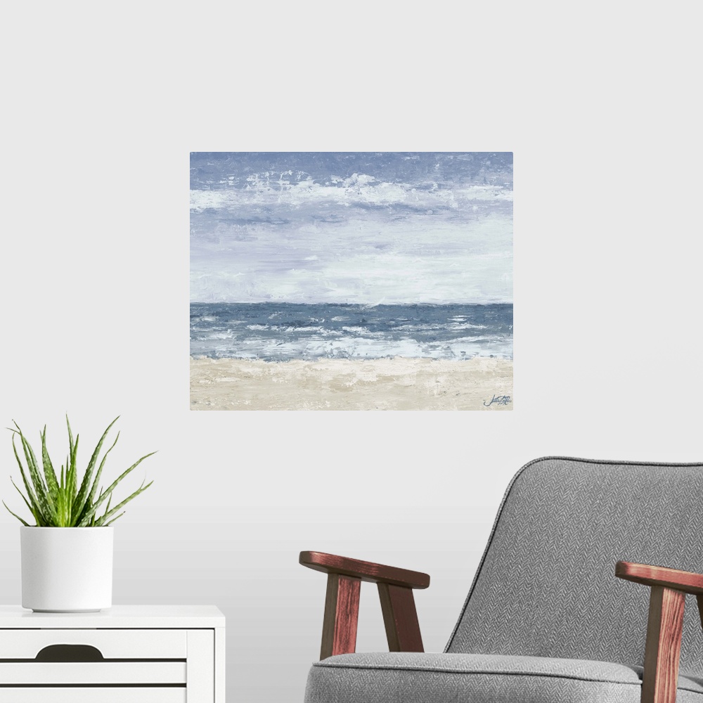 A modern room featuring A contemporary abstract painting of the beach with muted tones.