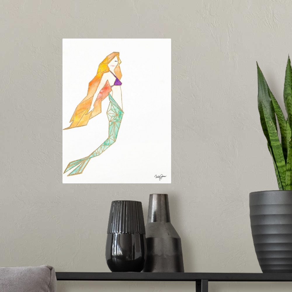 A modern room featuring Watercolor painting of a mermaid created with metallic gold geometric shapes on a solid white bac...
