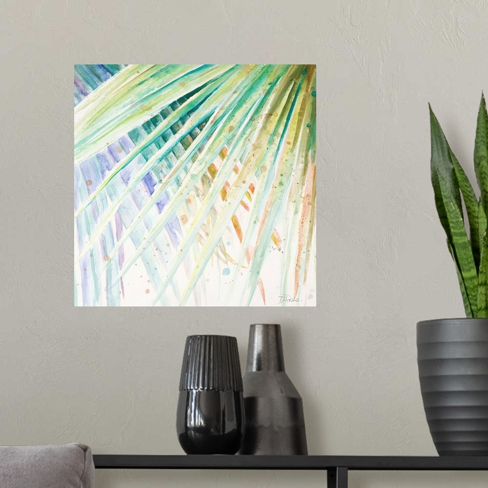 A modern room featuring Square watercolor painting of pastel color, cool toned palm leaves.