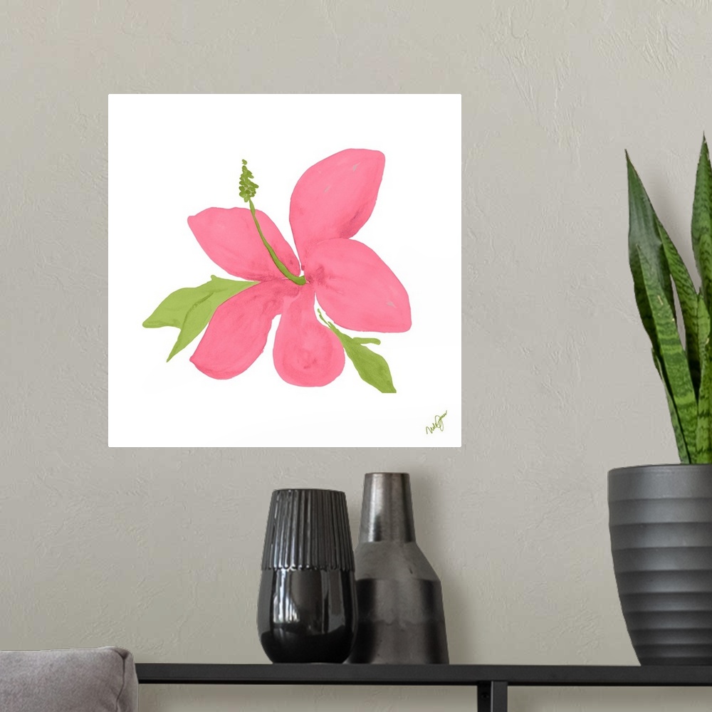 A modern room featuring Square painting of a pink hibiscus flower with green leaves on a solid white background.
