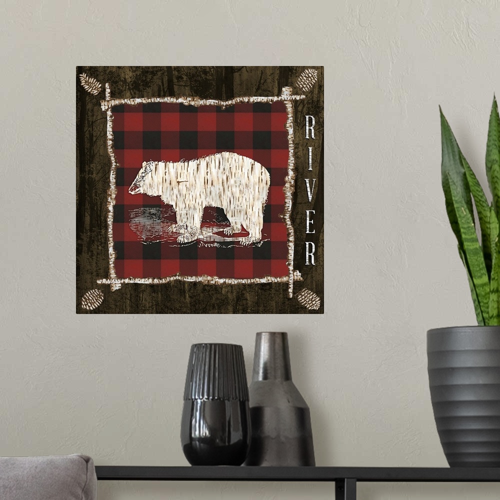 A modern room featuring The shape of a bear with a birch pattern on a red flannel.
