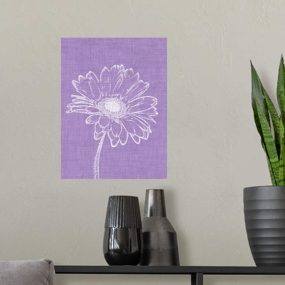 A modern room featuring White flower design on a textured purple background.