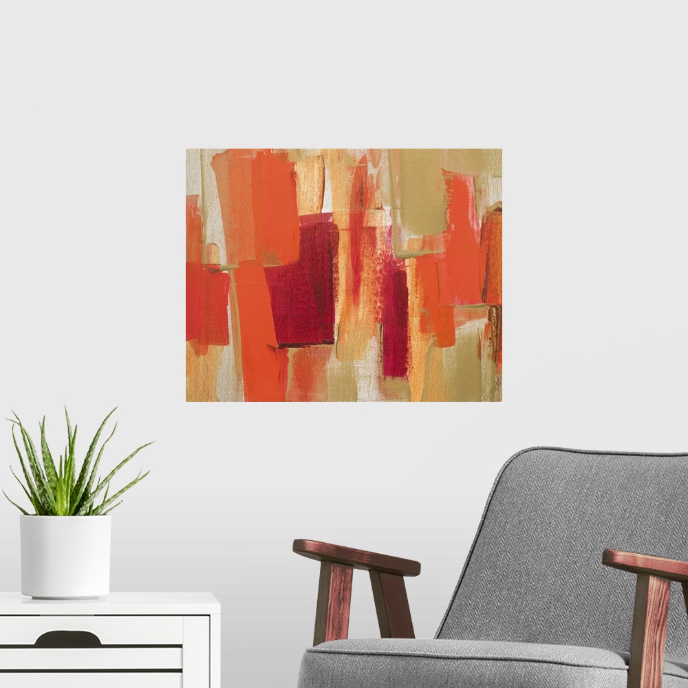 A modern room featuring Contemporary abstract painting of red geometric shapes against a light brown background.