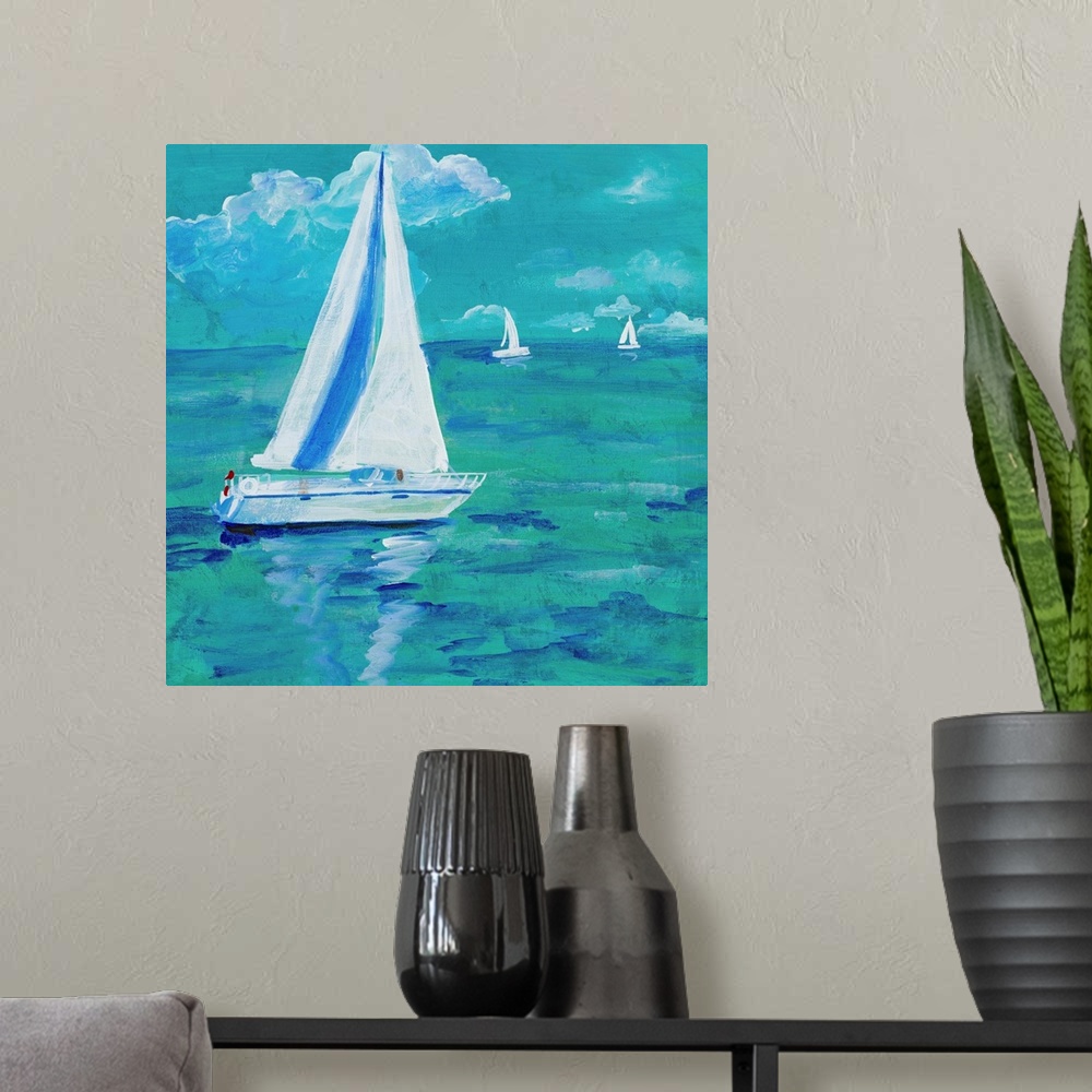 A modern room featuring Painting of a sailboat on the water on a cloudy day.