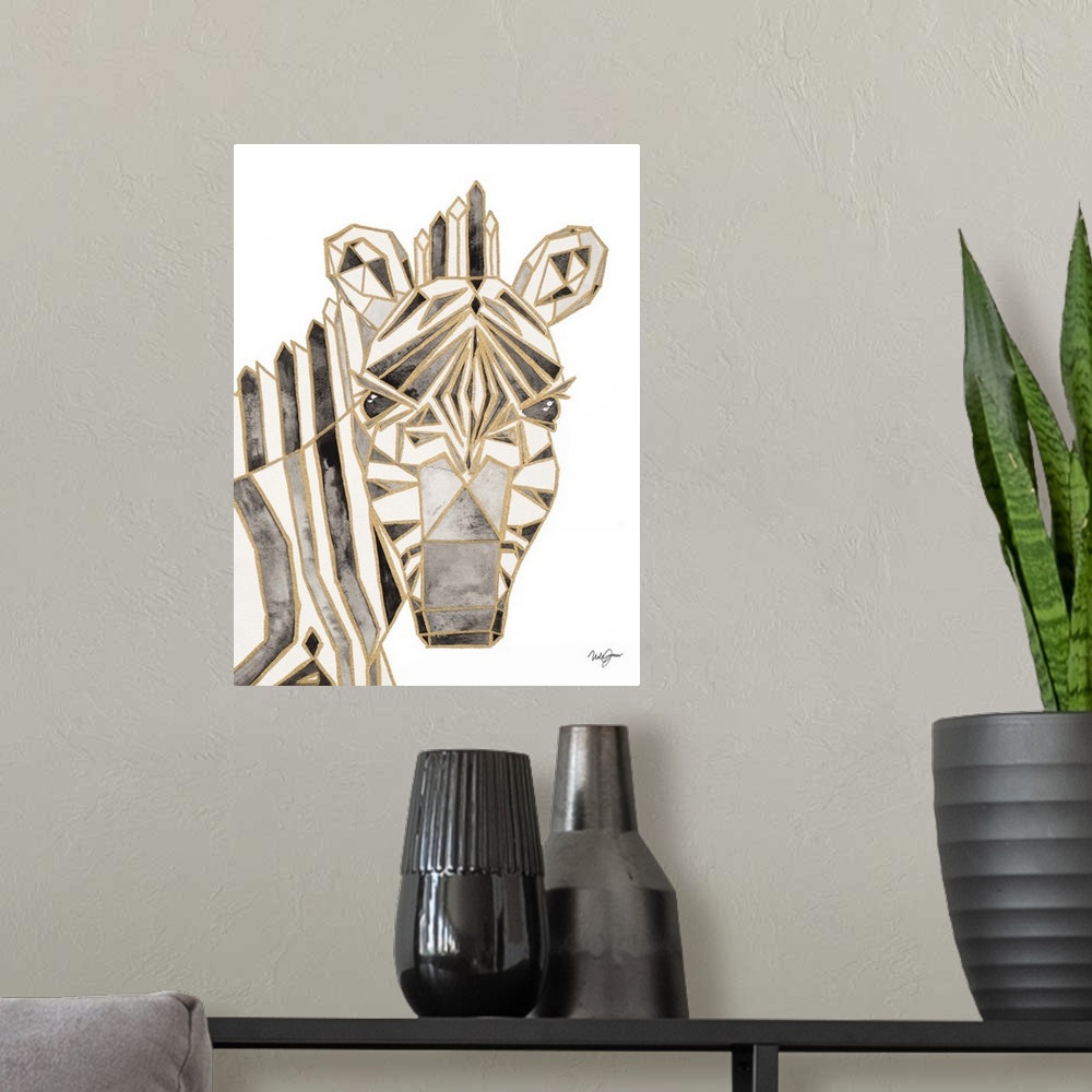 A modern room featuring Watercolor painting of a zebra created with metallic gold geometric shapes.