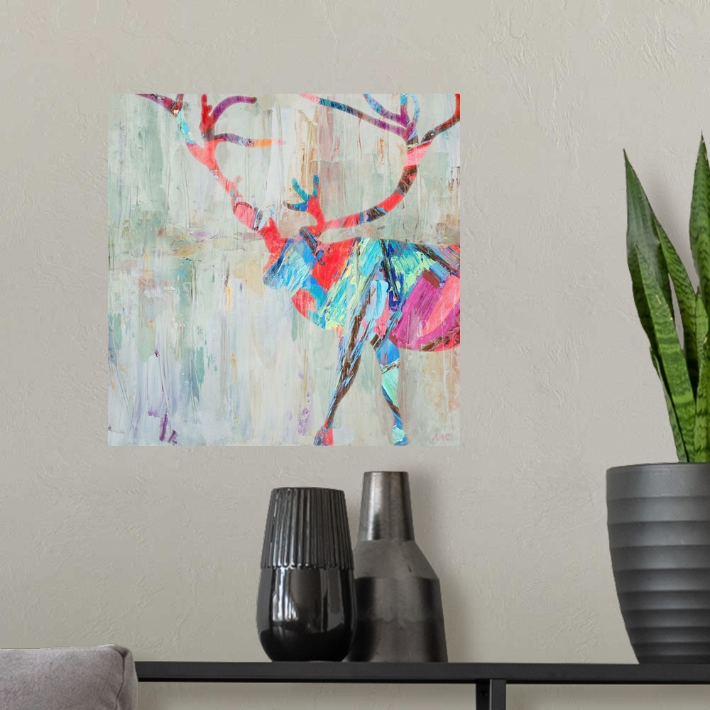 A modern room featuring Contemporary painting of a colorful silhouette of a stag with a large rack of antlers.