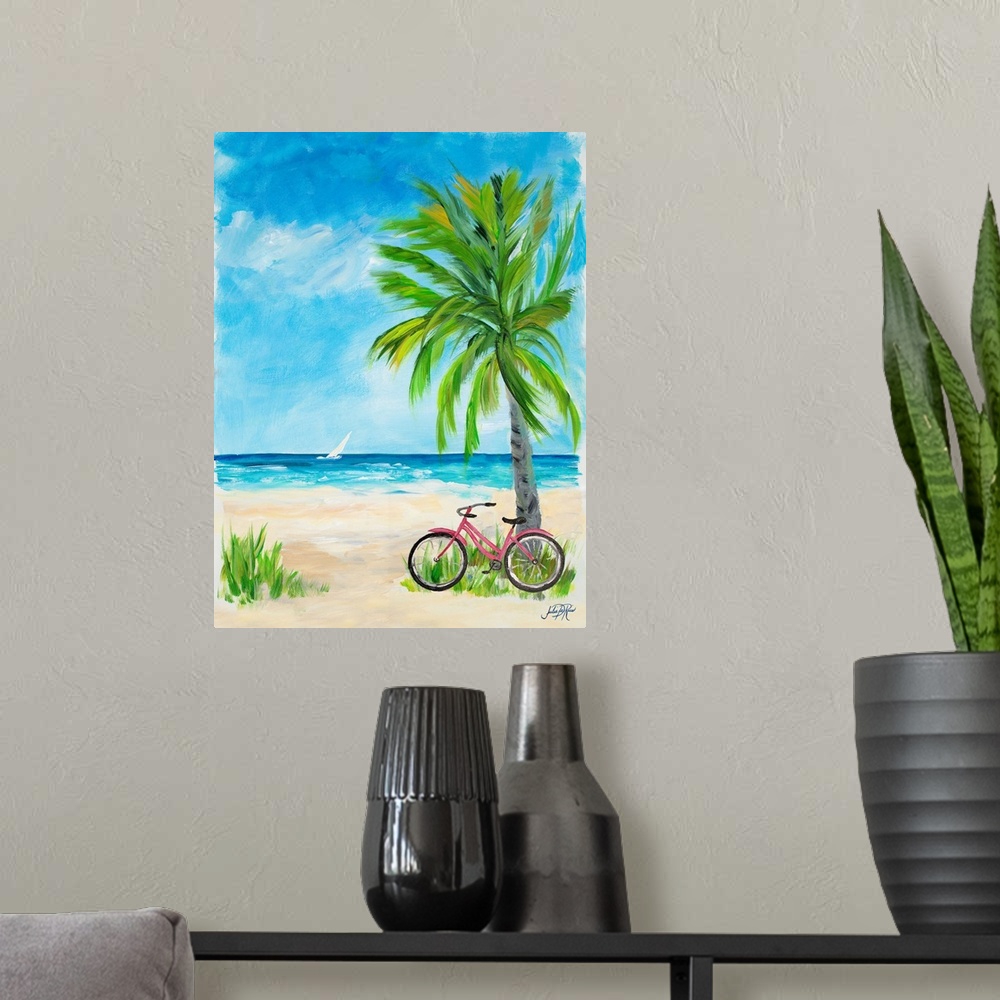 A modern room featuring Contemporary painting of a red bicycle leaning up against a palm tree on a sandy beach with a whi...