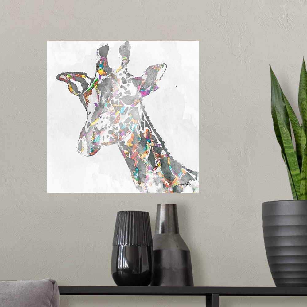 A modern room featuring Portrait of a giraffe embellished with vivid colors.