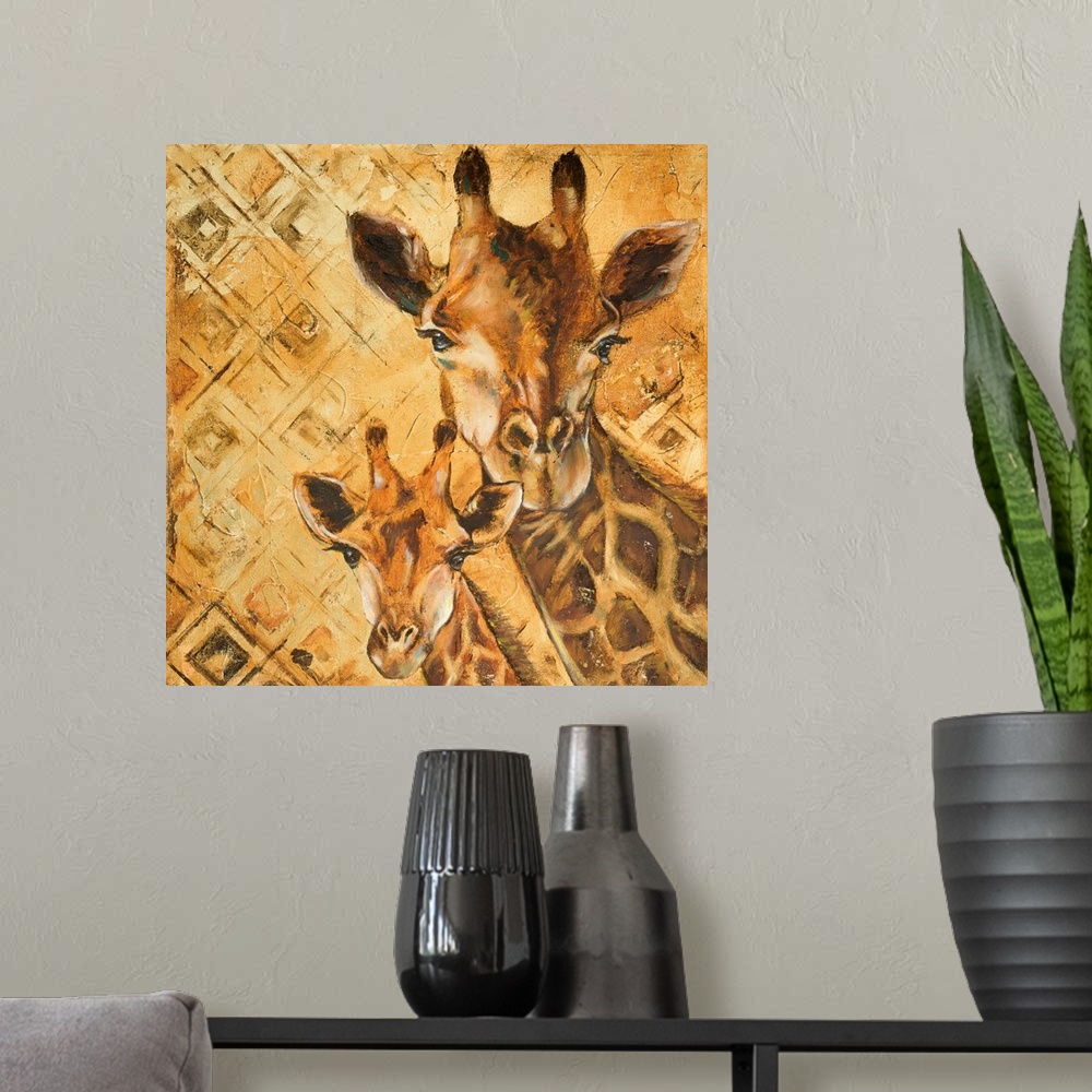 A modern room featuring Painting of a giraffe and her baby on a diamond pattern.