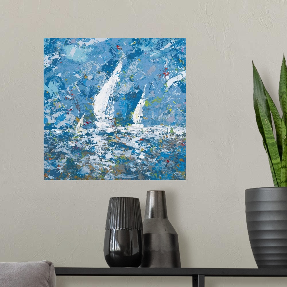 A modern room featuring Square, giant abstract painting of three sailboats in the water, beneath a blue sky.  Painted wit...
