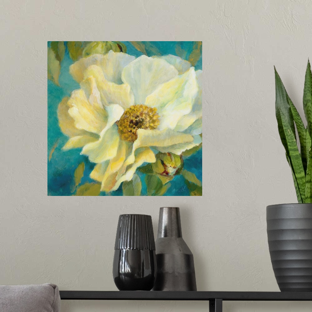 A modern room featuring Soft brush strokes of white and yellow create a peony against a teal background.