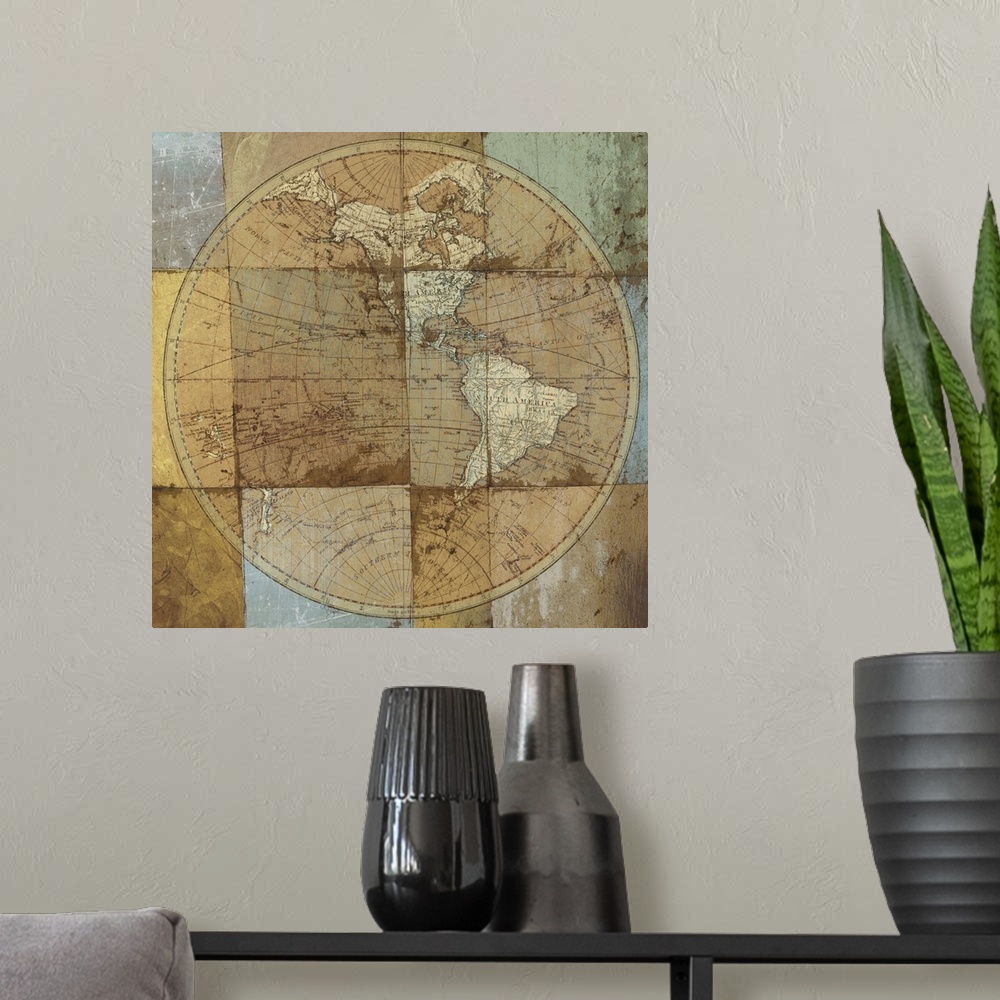 A modern room featuring Mixed media artwork with the image of a globe with continents, gridlines, and longitude and latit...