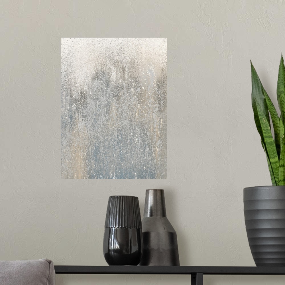 A modern room featuring Contemporary abstract painting created with shades of tan and gray splattered all over the canvas...