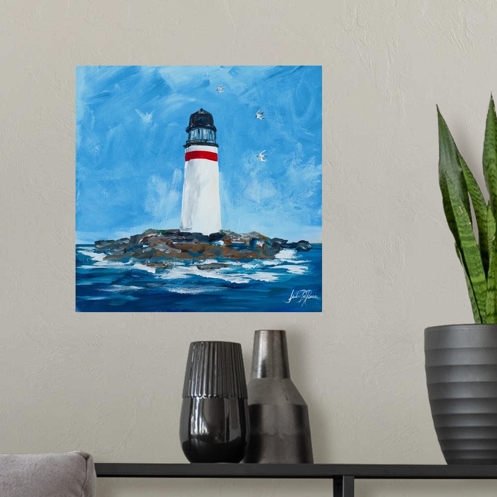 A modern room featuring Contemporary square painting of a white lighthouse with one red strip at the top on an island sur...