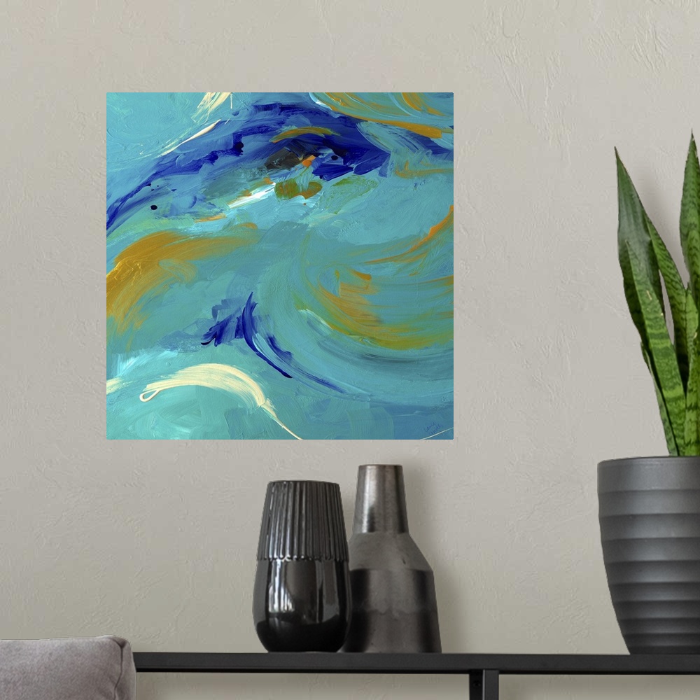 A modern room featuring Abstract artwork in blue and teal with golden swirls.