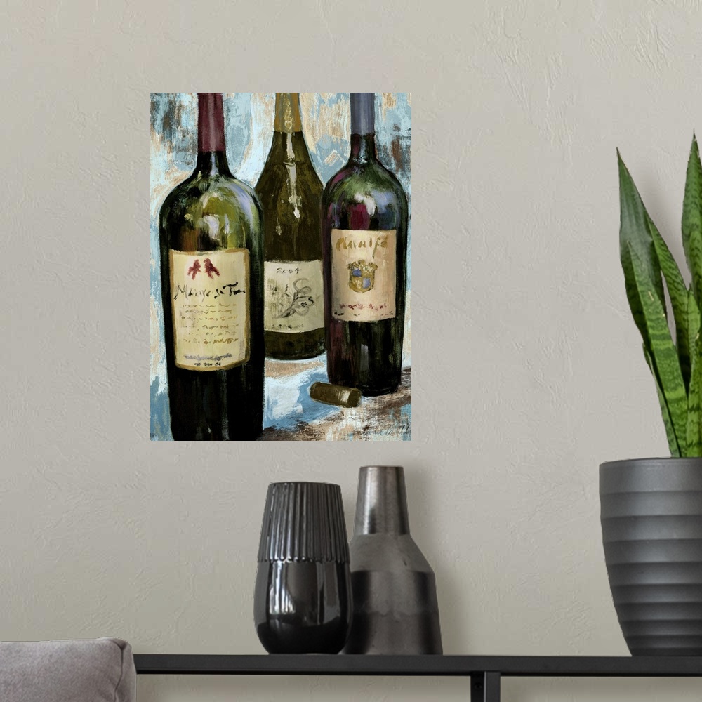 A modern room featuring Still life painting of glass red and white wine bottles.