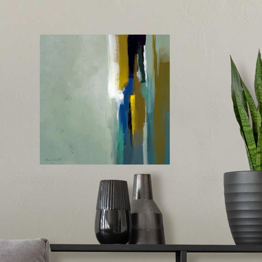 A modern room featuring Square abstract painted canvas with large brush strokes.