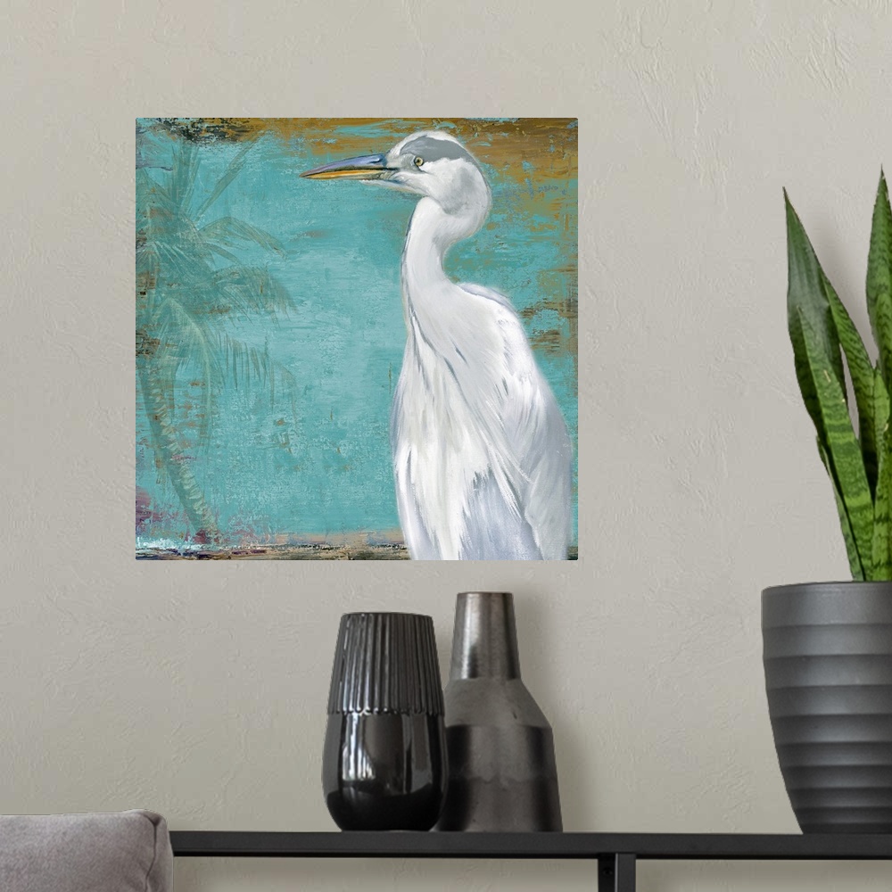 A modern room featuring Docor perfect for the home of a painted white heron peering to the left where there is a faded pa...