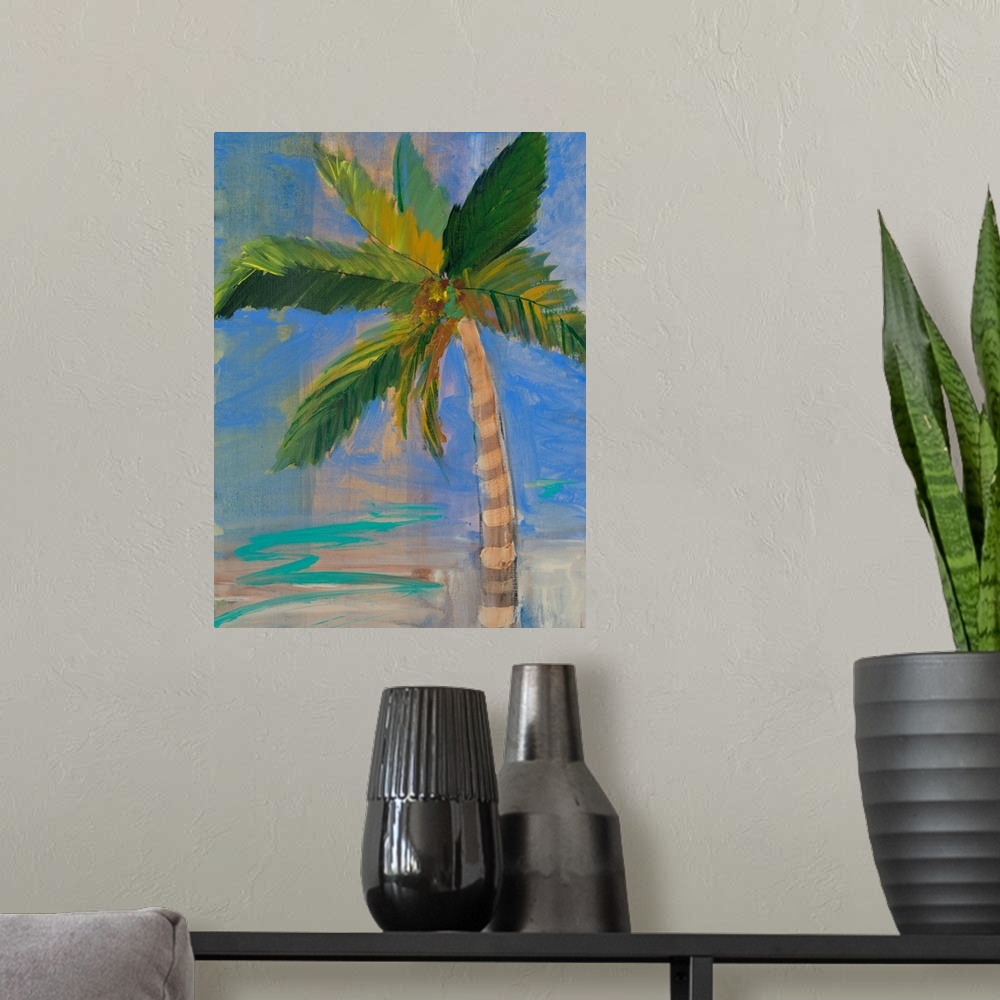 A modern room featuring Contemporary painting of a palm tree against a deep blue sky.