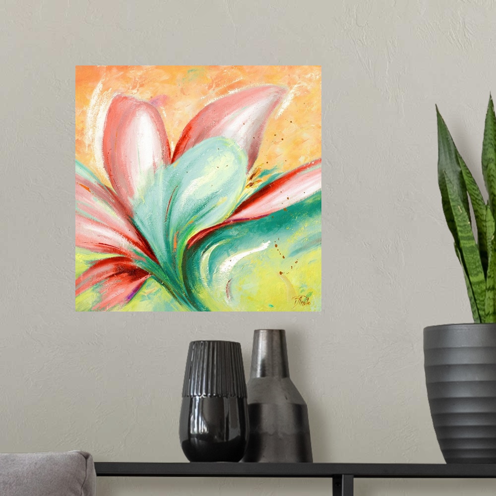 A modern room featuring Contemporary painting of a vibrant red flower against a bright green and orange background.