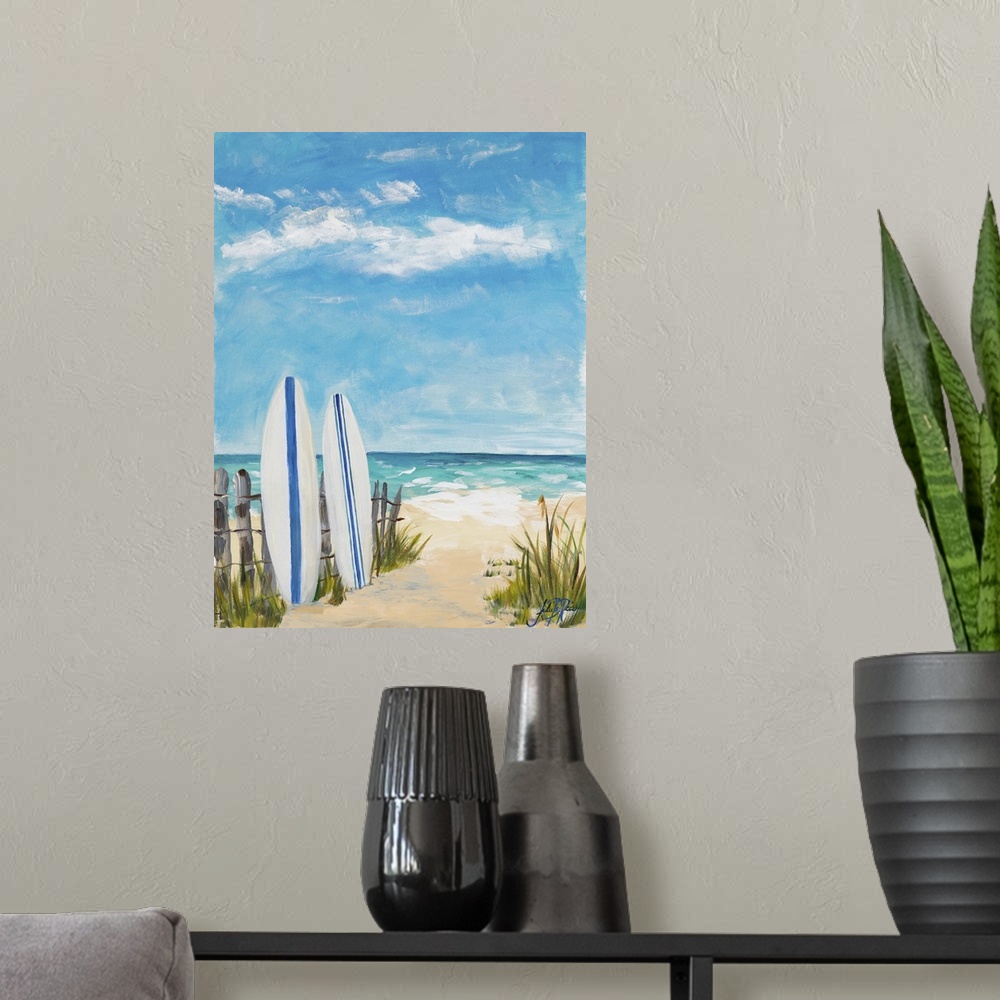 A modern room featuring Contemporary painting of two surf boards standing up against a wooden fence on the beach.