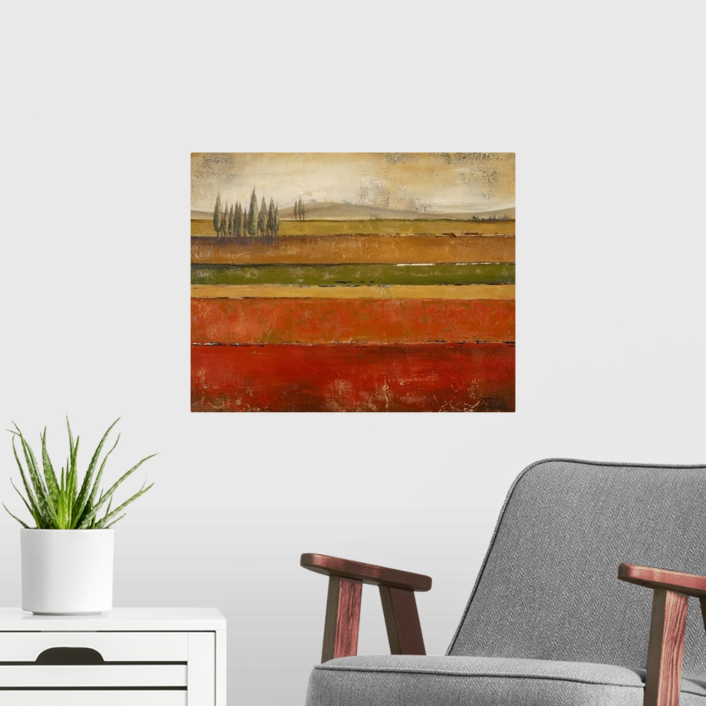 A modern room featuring Contemporary oil painting of hilly countryside with clusters of trees.  The layers of earth below...