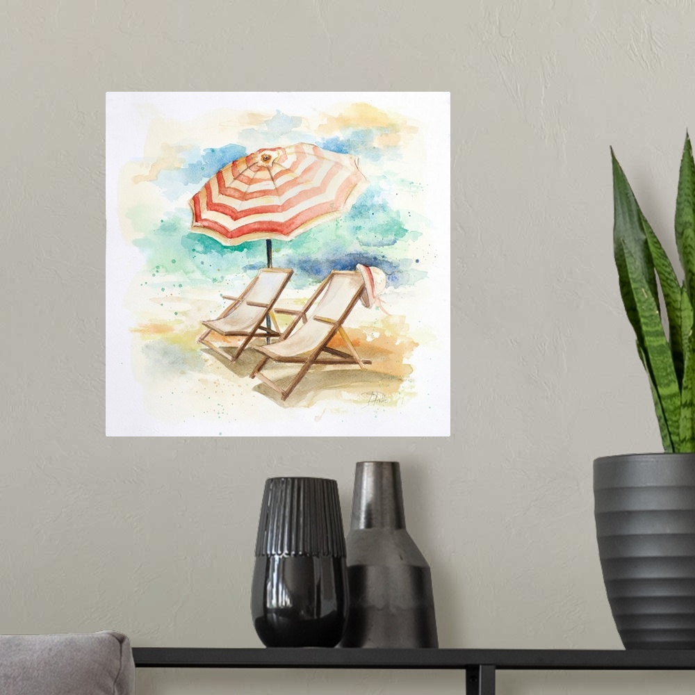 A modern room featuring Watercolor painting of two beach chairs and a striped umbrella in the sand.