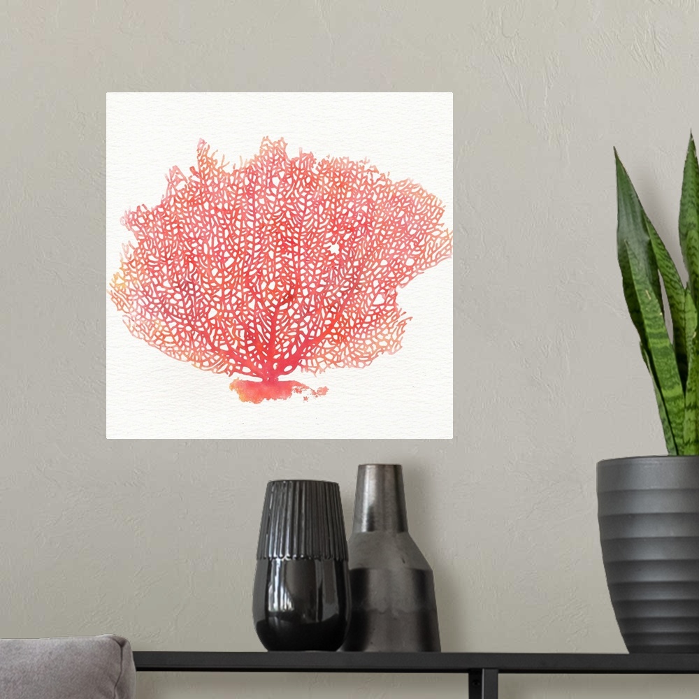 A modern room featuring Contemporary watercolor painting of red fan coral against a white background.