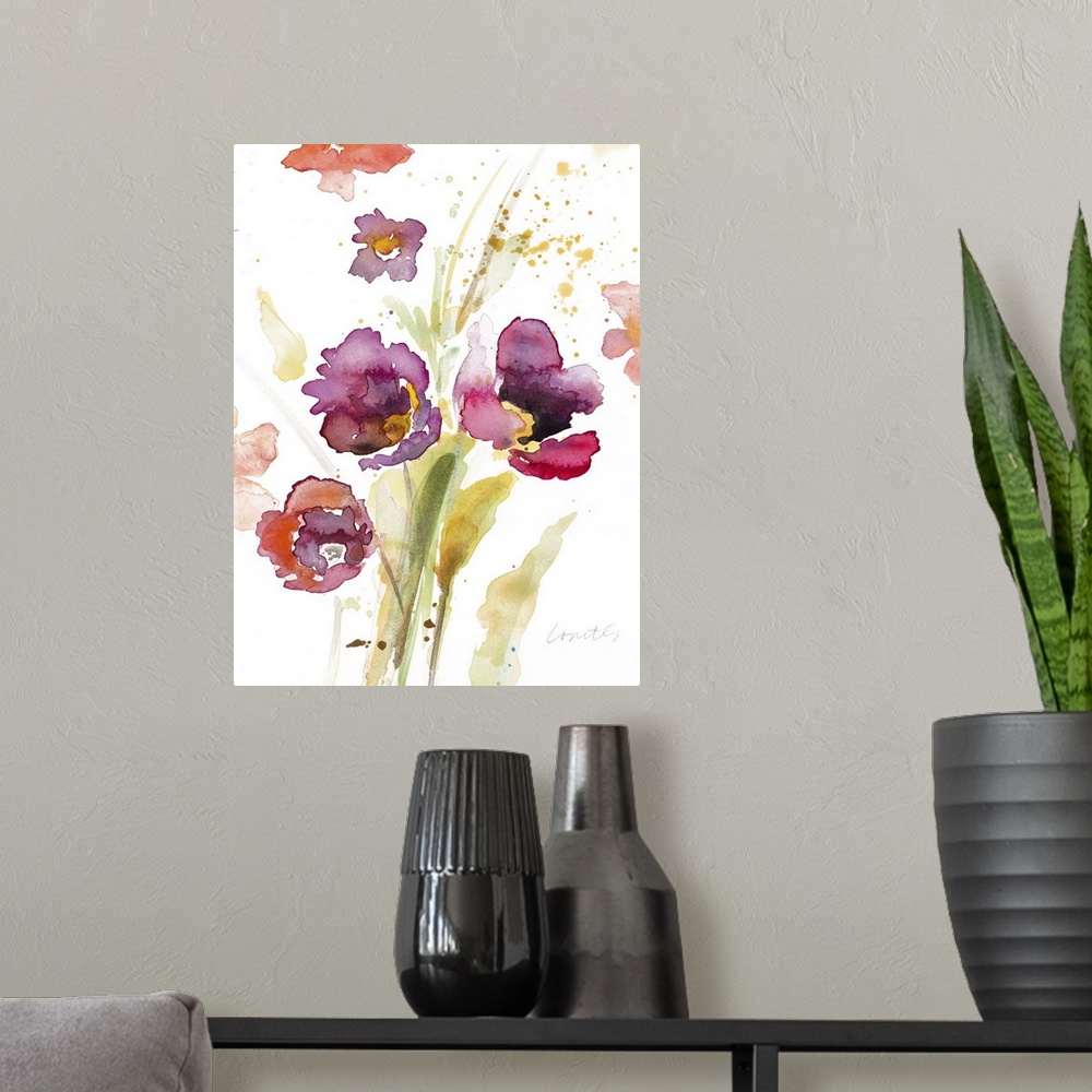 A modern room featuring Watercolor painting of purple, pink, and red flowers with green and yellow stems and leaves on a ...
