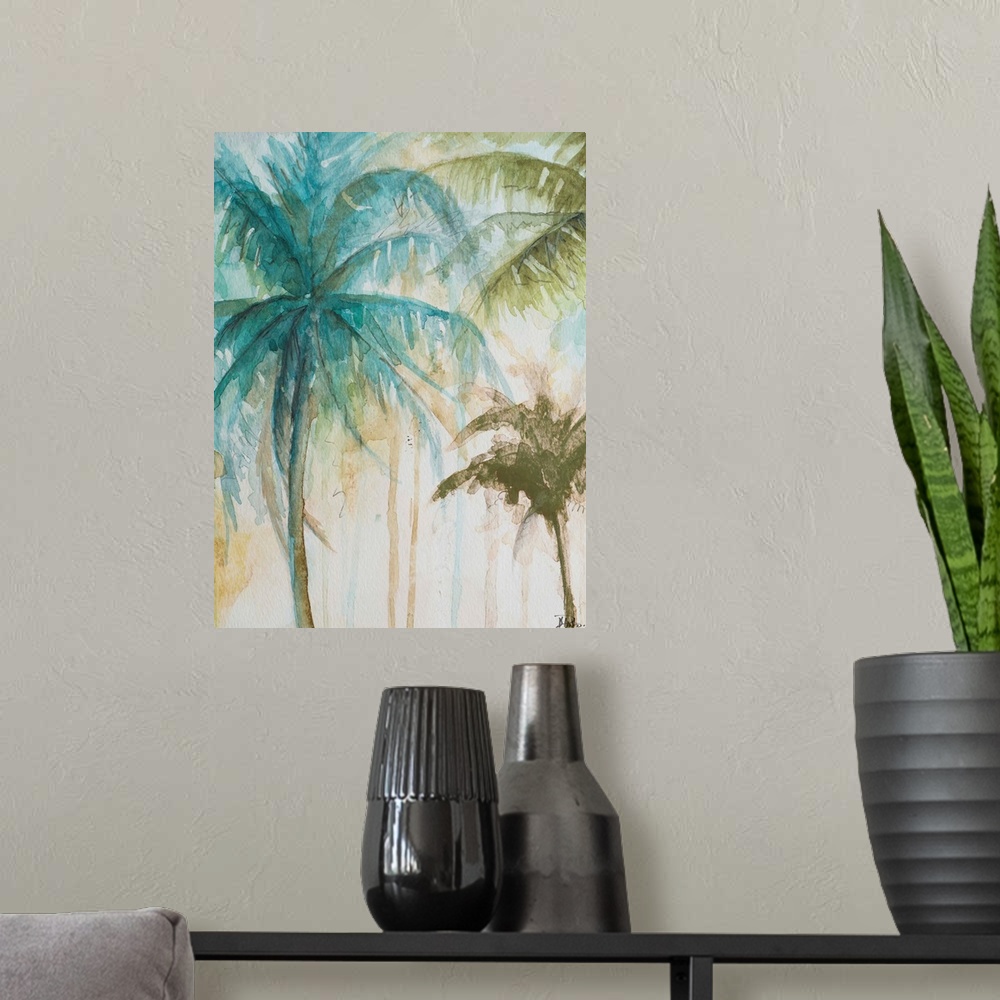 A modern room featuring Watercolor Palms in Blue I