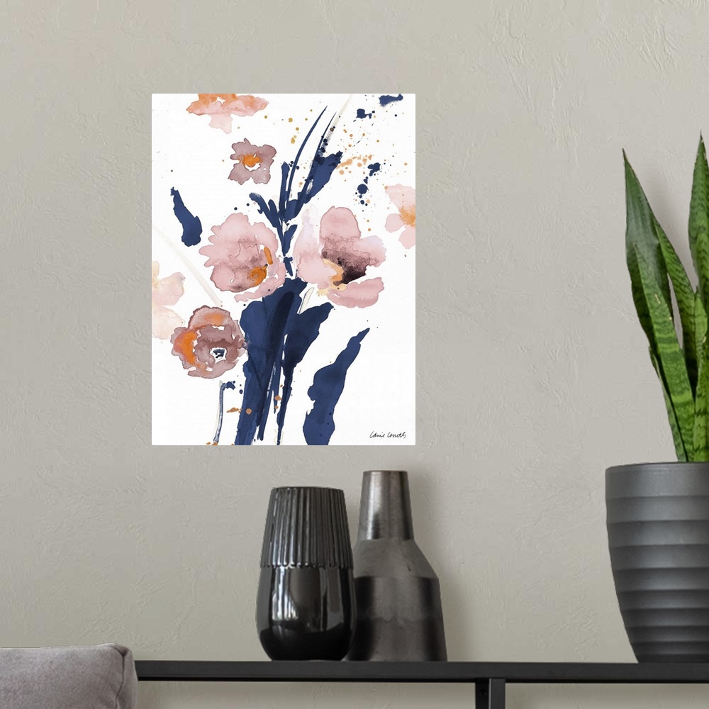 A modern room featuring Contemporary watercolor painting of pink poppy flowers with navy blue stems.