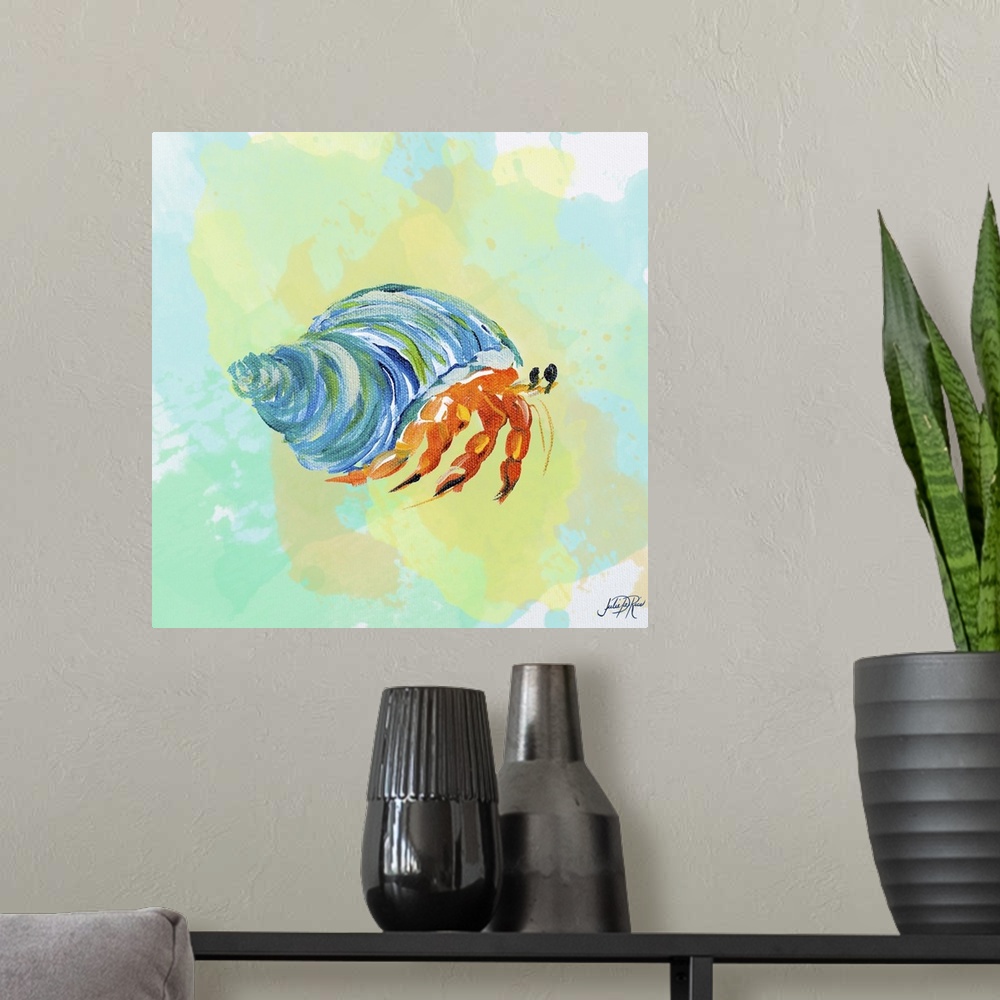 A modern room featuring A watercolor painting of a hermit crab with a blue shell.