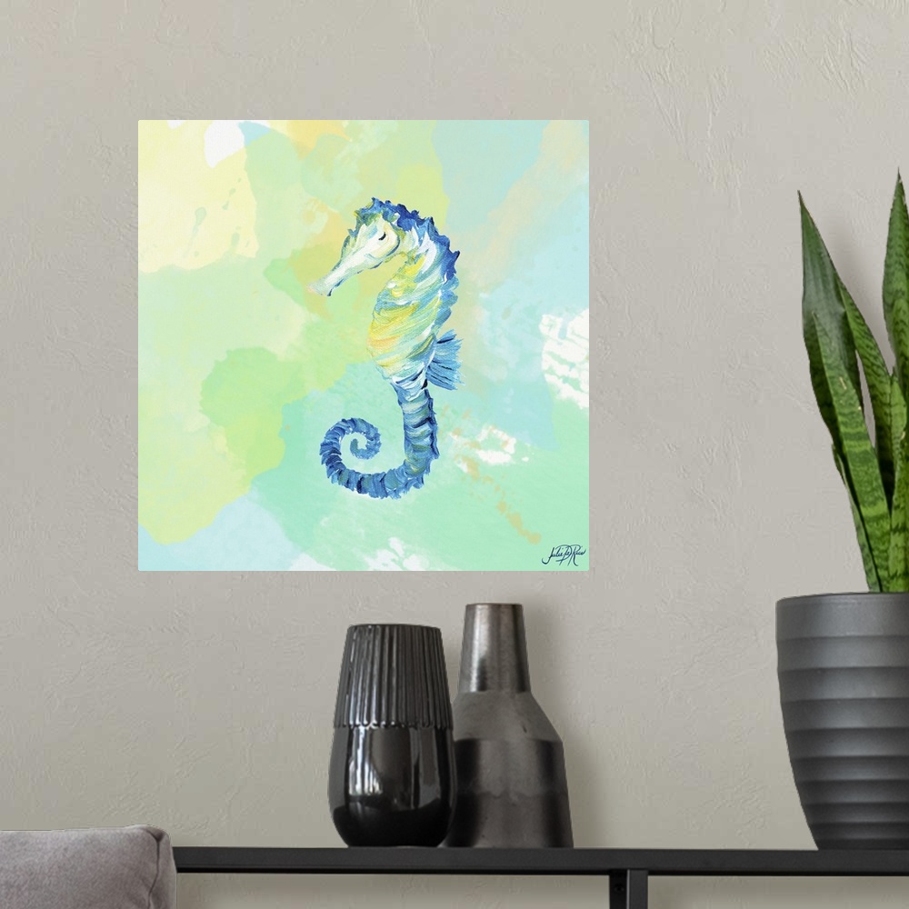 A modern room featuring A watercolor painting of a blue seahorse.
