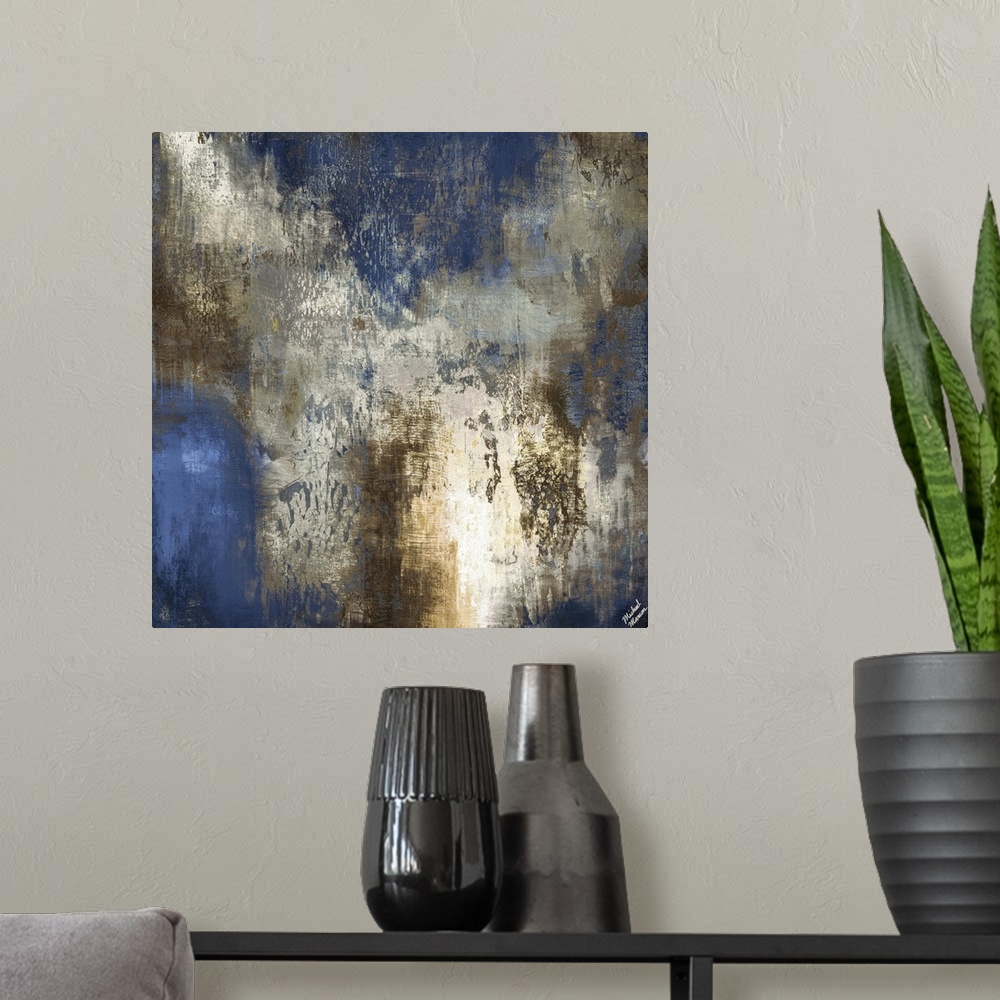 A modern room featuring Contemporary abstract artwork in dark shades of blue and brown.