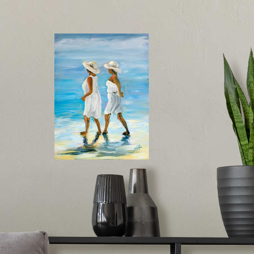 A modern room featuring Painting of two women in white walking along the water's edge.