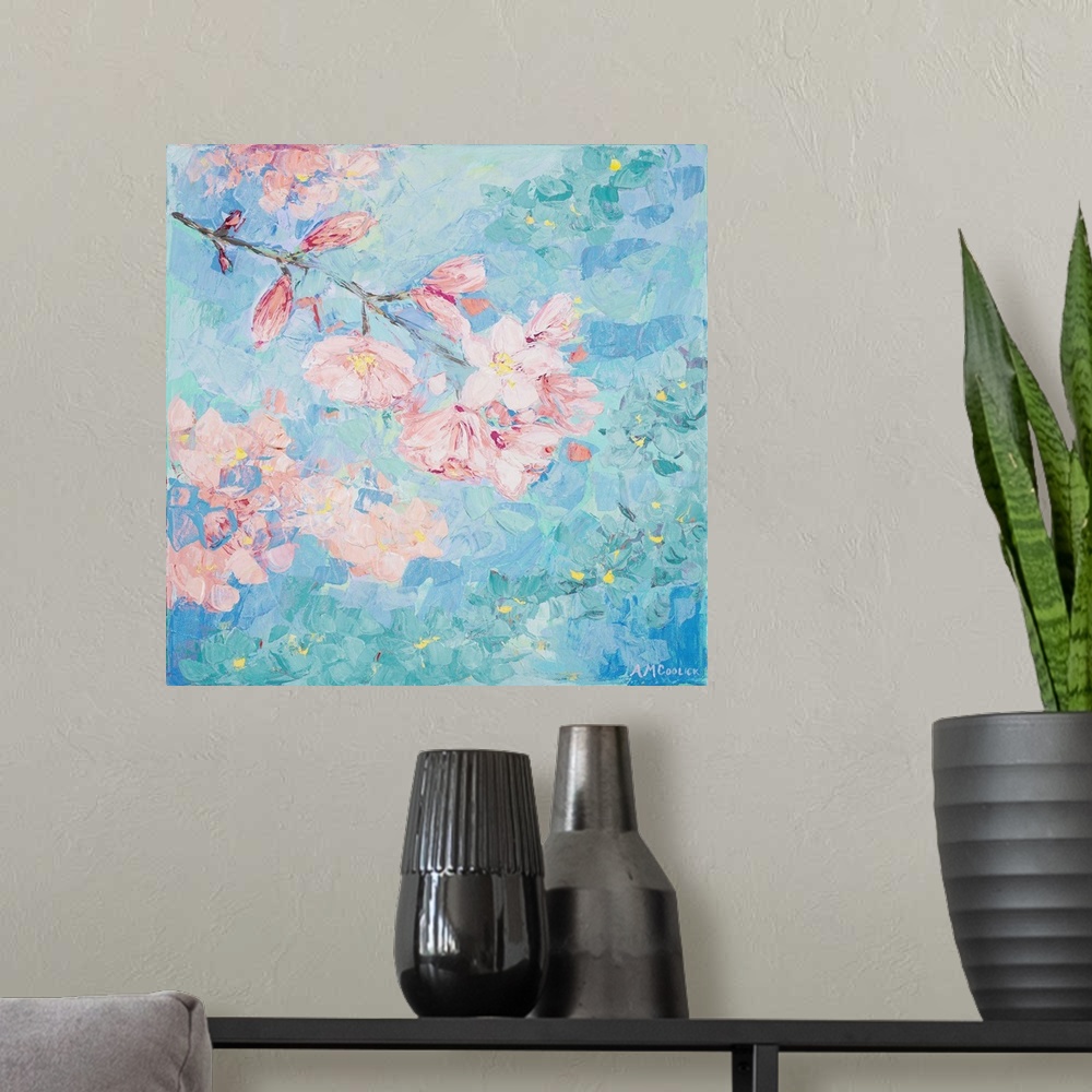 A modern room featuring Contemporary painting of little pink flowers on the ends of branches against a blue background.