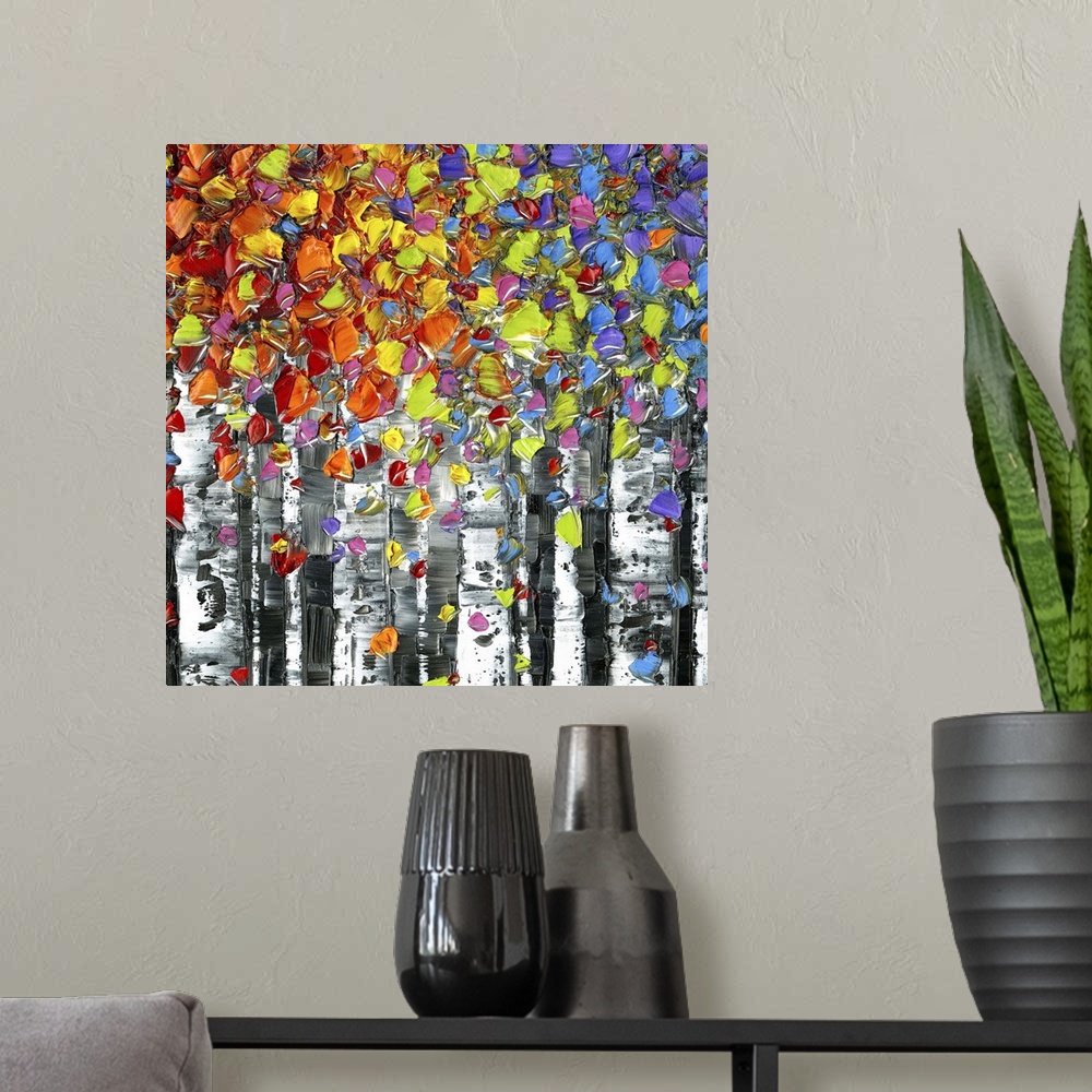 A modern room featuring Abstract painting of Birch trees with colorful leaves on a square background.