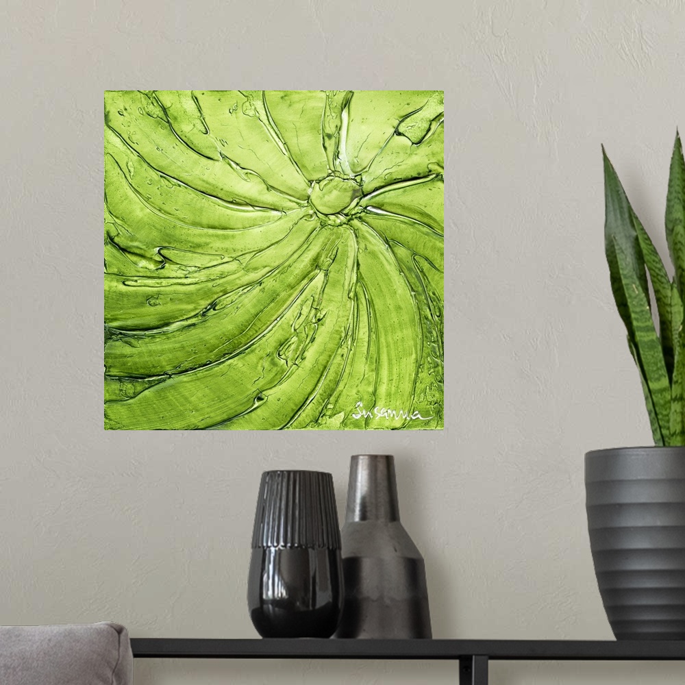 A modern room featuring Square abstract painting with thick curved lines meeting together at a circle in bright green and...