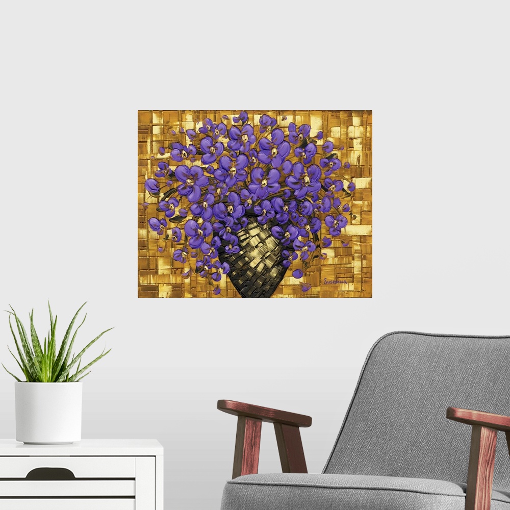 A modern room featuring Contemporary painting of purple flowers in a black and gold vase with a textured gold background ...